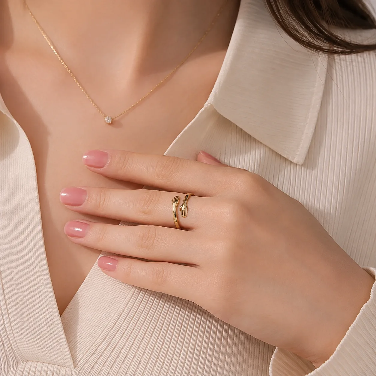 Hug Ring in gold, worn on the hand